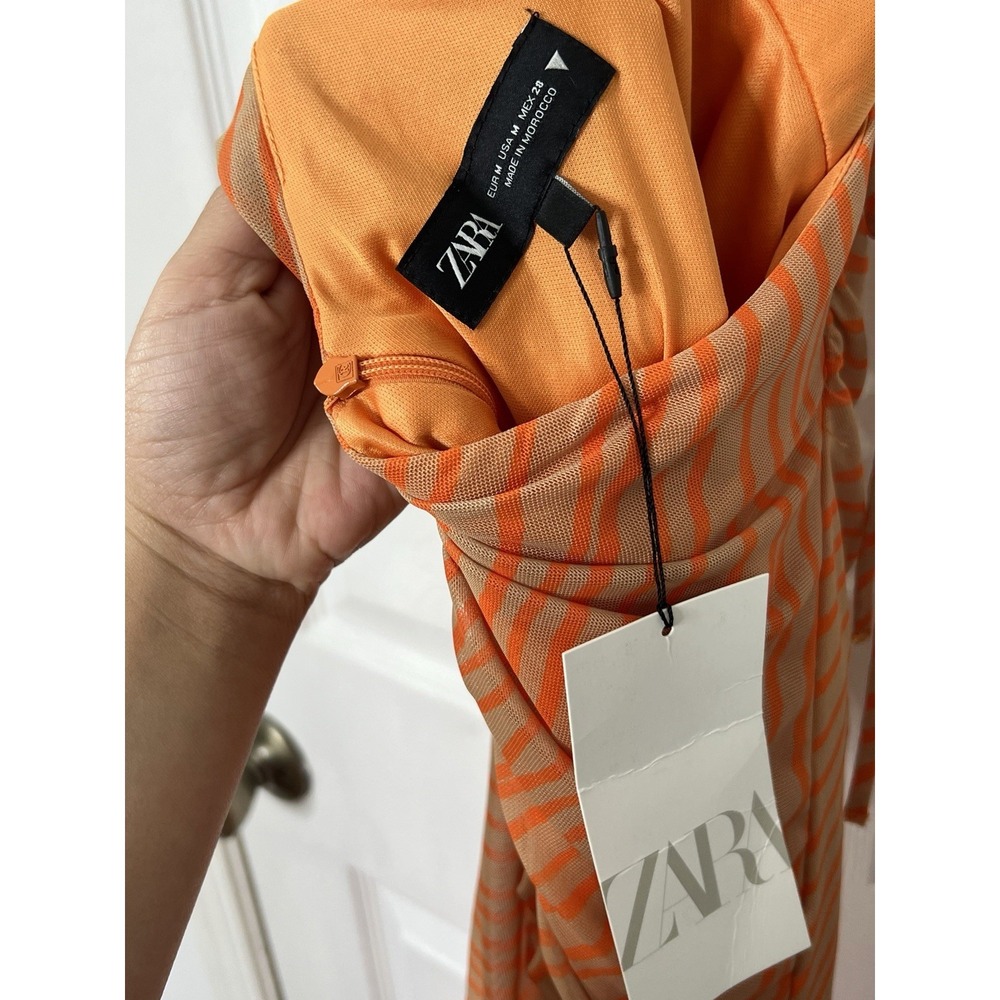 ZARA Orange Striped Mesh Cowl Neck Maxi Dress Sheer Y2K Vacation Resort Party M - Picture 4 of 6